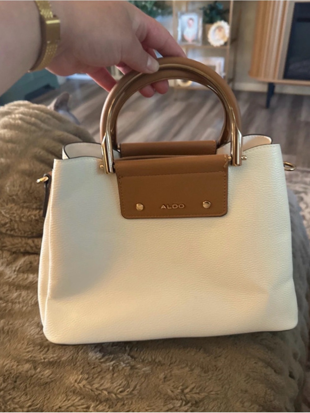 ALDO Cream Satchel with Tan Accents and Gold Handles